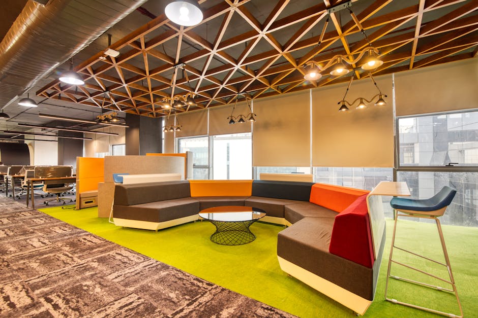 Vibrant open office space with colorful seating