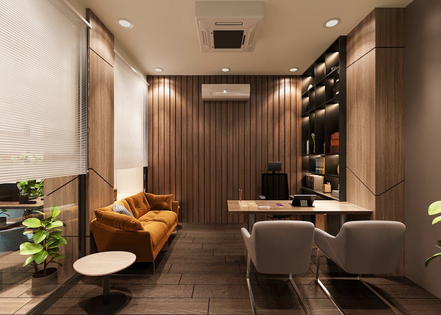 Stylish office interior featuring wooden paneling, modern furniture, and cozy lighting.
